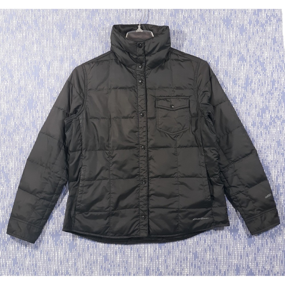 Eddie Bauer Puffer Jacket Coat‎ Womens L Black Snap Closure EB650